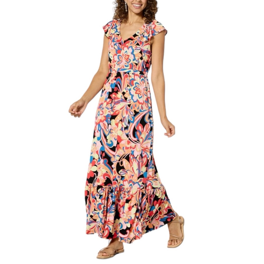 IMAN Global Chic Drapey Knit Tiered‎ Maxi Dress | Floral | Size XS
